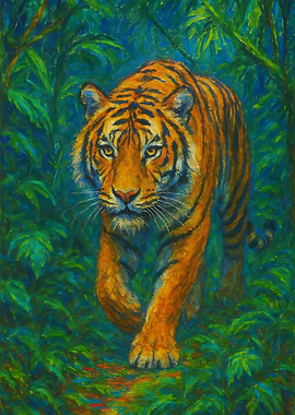Tiger Approaching in Tropical Foliage