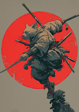 Samurai Cat Warrior Swords