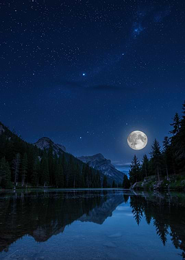 Night Lake with Moon and Stars
