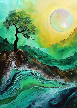Emerald Landscape with Tree and Moon