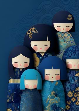 Blue Kokeshi Dolls Illustration