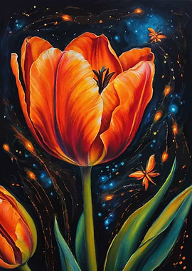 Orange Tulip with Butterfly Painting