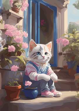 Cute Kitten in Overalls with Flowers