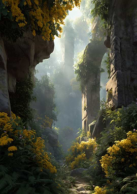 Ruined Stone Archway with Yellow Flowers