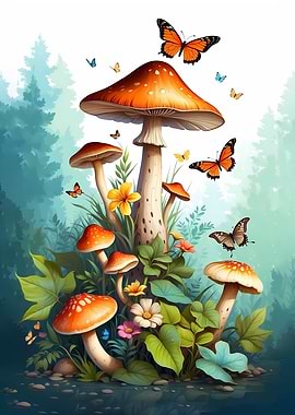 Mushroom and Butterfly Forest Scene