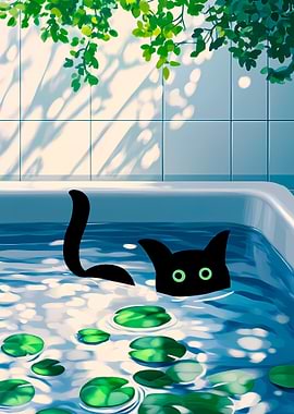 Black cat in bathtub with water lilies