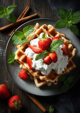Waffles with Strawberries and Whipped Cream