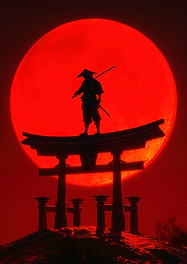Silhouette Ninja on Torii Gate Red Moon