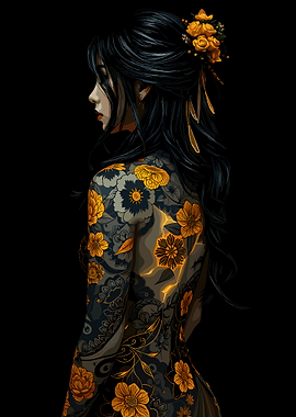 Floral Tattoo Woman on Black Background