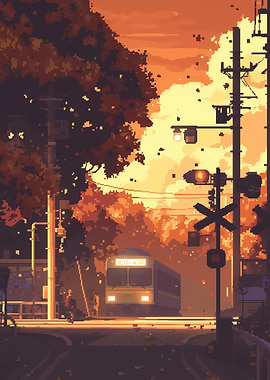 Pixel Art Train at Sunset