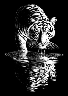 Tiger Drinking Water Black and White