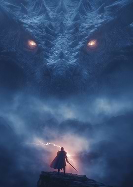 Knight and Dragon in Stormy Landscape