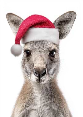 Christmas Kangaroo with Santa Hat Portrait