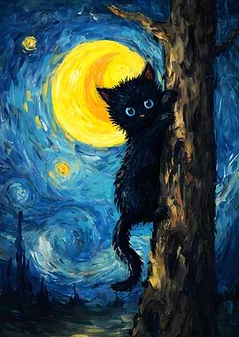 Black Cat Climbing Tree, Starry Night