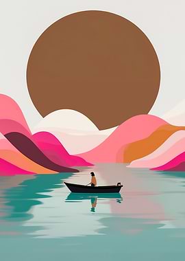 Serene Boat Ride: Abstract Landscape with Vibrant Pink Hills and Tranquil Waters