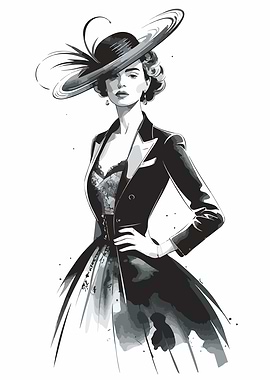Elegant Woman in Hat and Dress