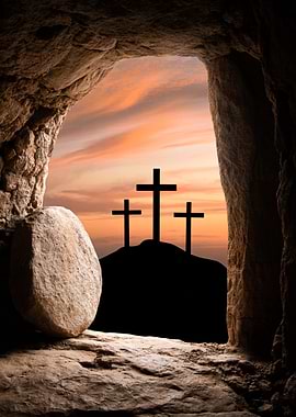 Resurrection Dawn – Silhouetted Crosses at Sunset Cave
