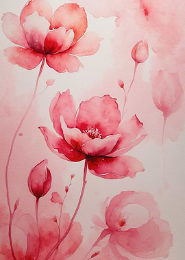 Delicate Watercolor Blossoms: Soft Red Floral Artwork