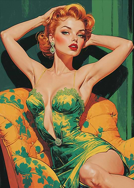Elegant Redhead Pin-Up in Green Dress