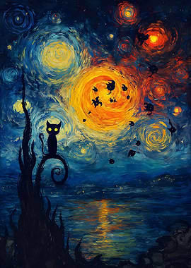 Starry Night Cat Silhouette