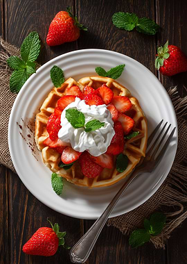 Waffle with Strawberries and Whipped Cream