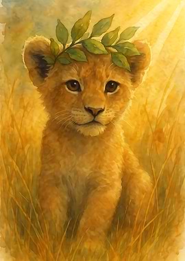 Lion Cub with Laurel Wreath Watercolor
