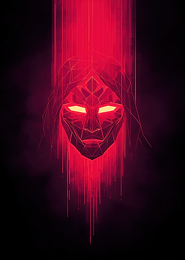 Geometric Red Mask with Glowing Eyes