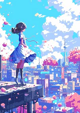 Anime Girl Overlooking Cityscape Pixel Art