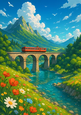 Red Train Ride Through Mountain Landscape