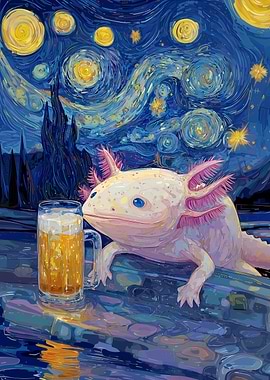 Axolotl with Beer in Starry Night