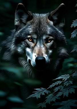 Wolf Portrait in Dark Forest