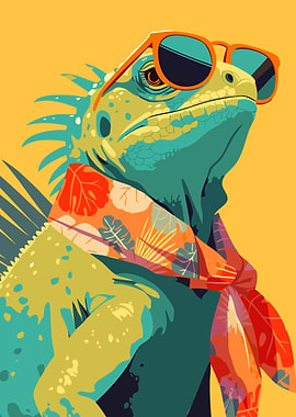 Cool Iguana with Sunglasses and Scarf Minimalist Art Illustration Reptile Theme