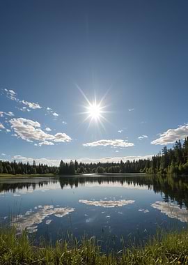 Lake Reflection Under a Bright Sky