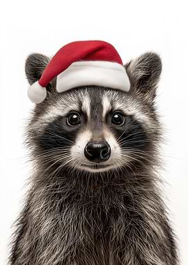Christmas Raccoon with Santa Hat Portrait