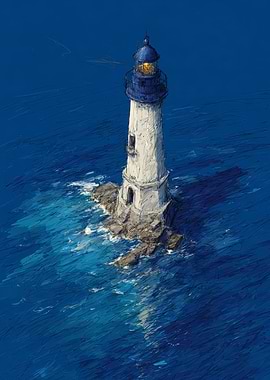 Lighthouse in the Ocean | Deep Blue Lighthouse at Sea | Dramatic Coastal Art