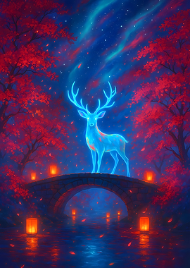Glowing Mythical Deer on Bridge at Night