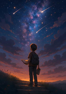 Boy with book under starry sky