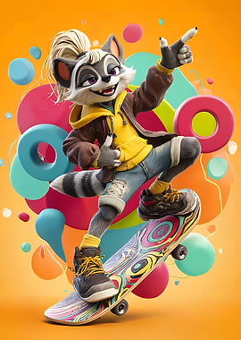 Cartoon Raccoon Skateboarder with Colorful Background