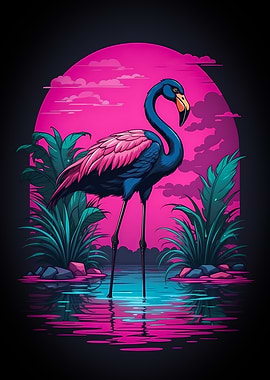 Vaporwave Flamingo in Tropical Setting