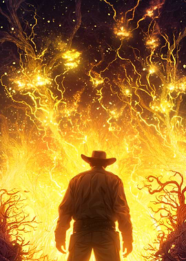 Cowboy Staring at Fiery Landscape