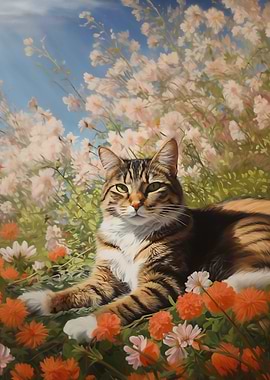 Cat in a flower garden