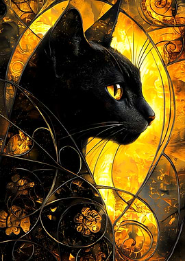 Black Cat with Golden Stained Glass