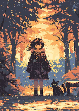 Pixel Art Girl with Cat in Forest