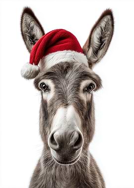Christmas Donkey with Santa Hat Portrait