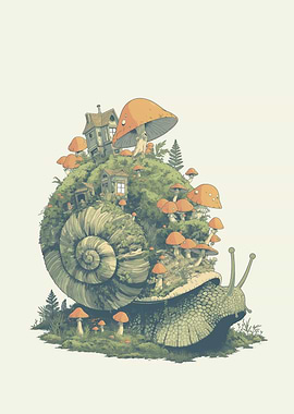 Whimsical Snail with Small Village