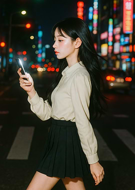Woman with phone in city at night