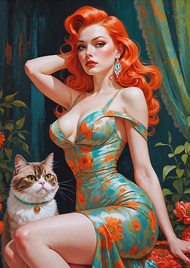 Redhead Pin-Up with Cat Portrait