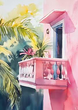 Pink Balcony Watercolor Painting