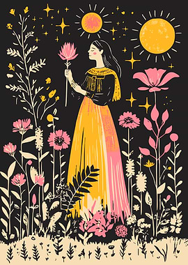 Woman with Flower in Floral Landscape Minimalist Abstract Art Illustration