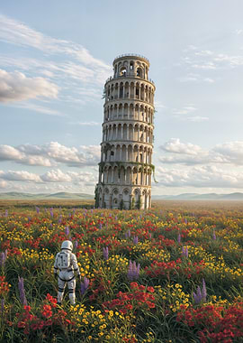Astronaut and Leaning Tower in Field